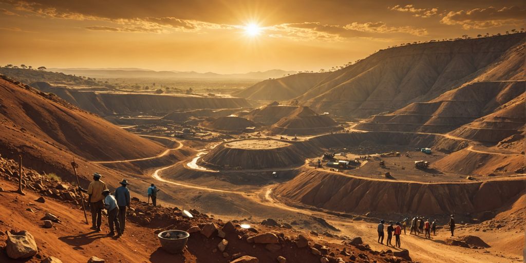 Paysage africain avec mines d'or et mineurs