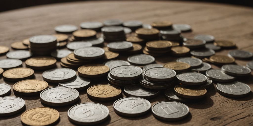 Pièces de monnaie anciennes étalées sur une table en bois.